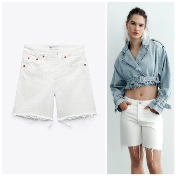 Zara Distressed Jean Shorts Raw Hem  White Sz 2 Denim Bermuda NWT Spring Preppy - Picture 1 of 7